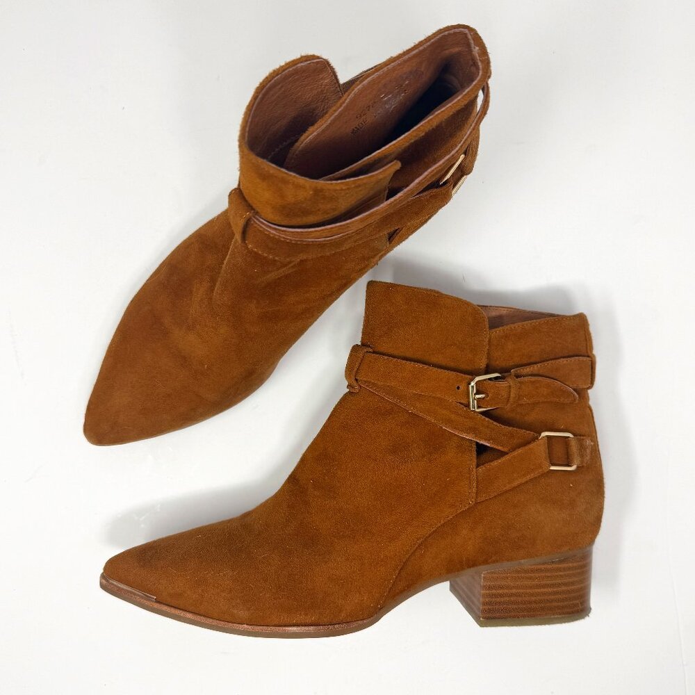 Jeffrey Campbell x Free People Tan Brown Suede Ankle Boots Gold Buckle Size 9